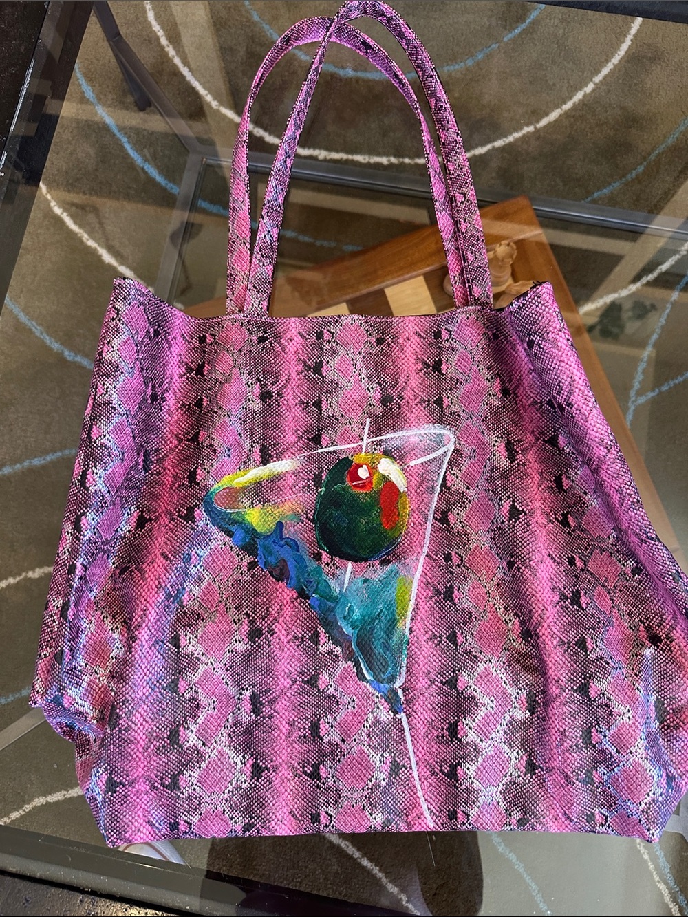 Saks Fifth Avenue Pink Snake-Print Tote with Martini Motif